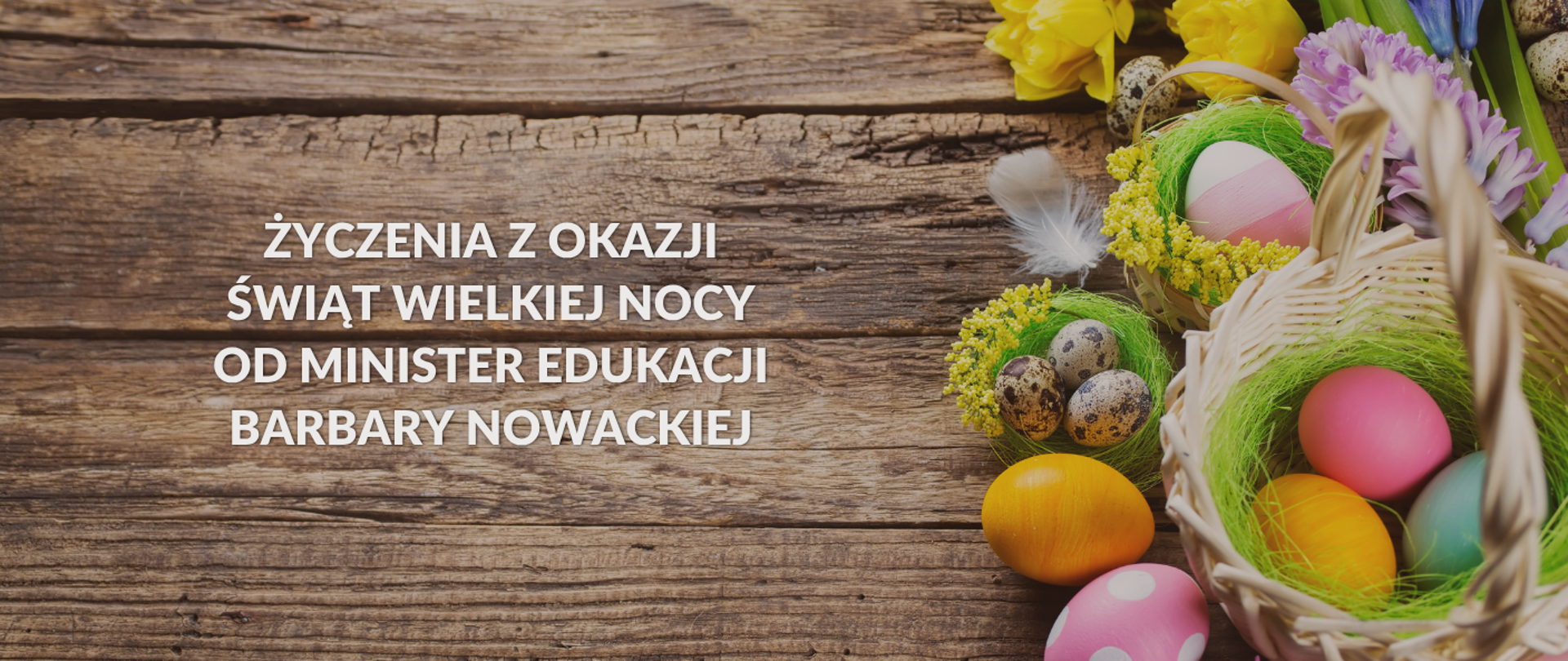 Wielkanocna grafika z życzeniami. Na tle z postarzanych, drewnianych desek widnieje biały napis: „Życzenia z okazji Świąt Wielkiej Nocy od Minister Edukacji Barbary Nowackiej”. Po prawej stronie znajdują się wielkanocne dekoracje: pleciony koszyk z kolorowymi pisankami, mniejsze gniazdka z jajkami przepiórczymi oraz wiosenne kwiaty – żółte żonkile i fioletowe hiacynty.