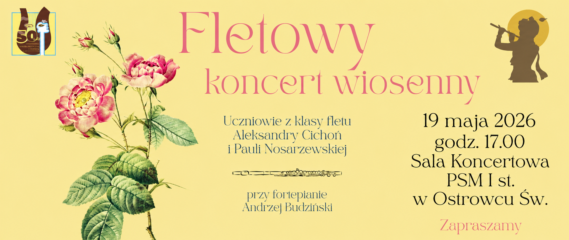 kwiaty na kremowym tle, napisy w kolorze czerwonym i czarnym z logo szkoły w prawym górnym rogu, w lewym górnym rogu flecistka