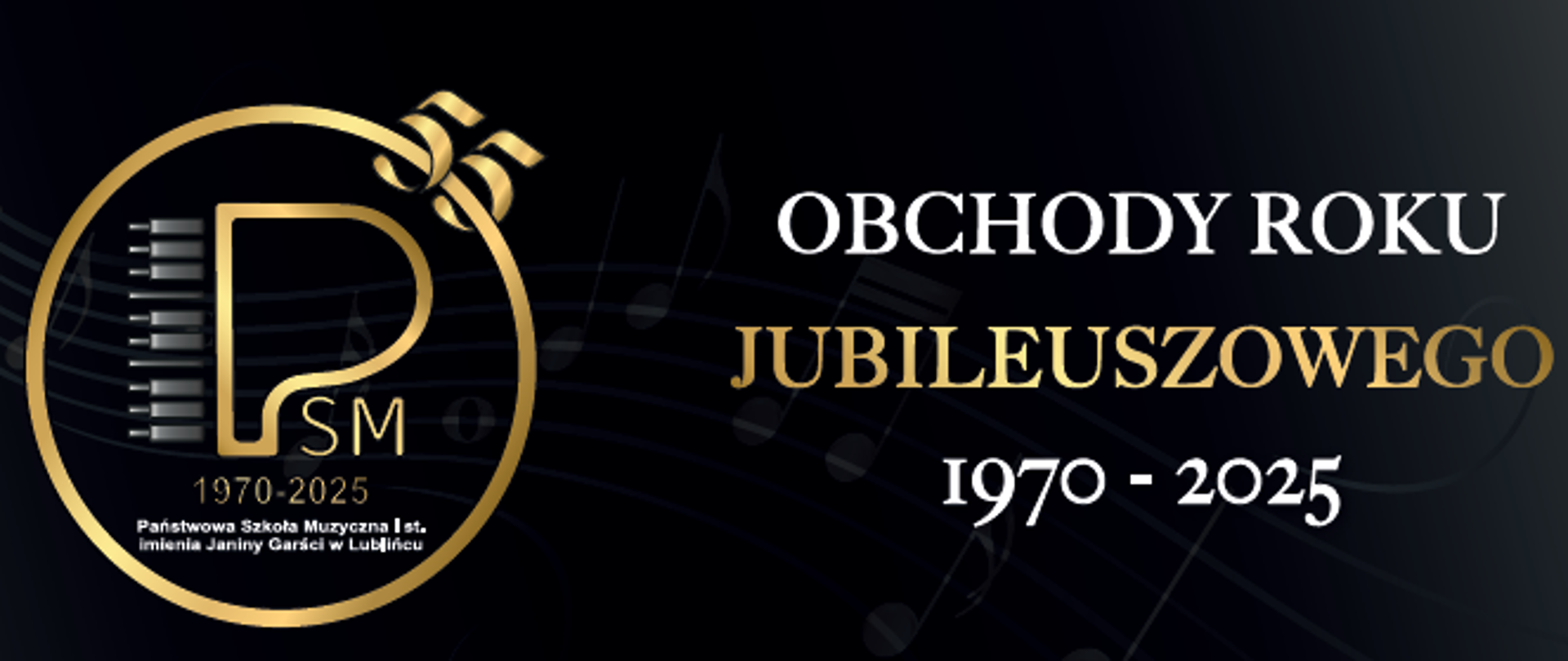 Grafika plakatu na czarnym tle z logo szkoły z zaproszeniem na Obchody Jubileuszowe 1970-2025