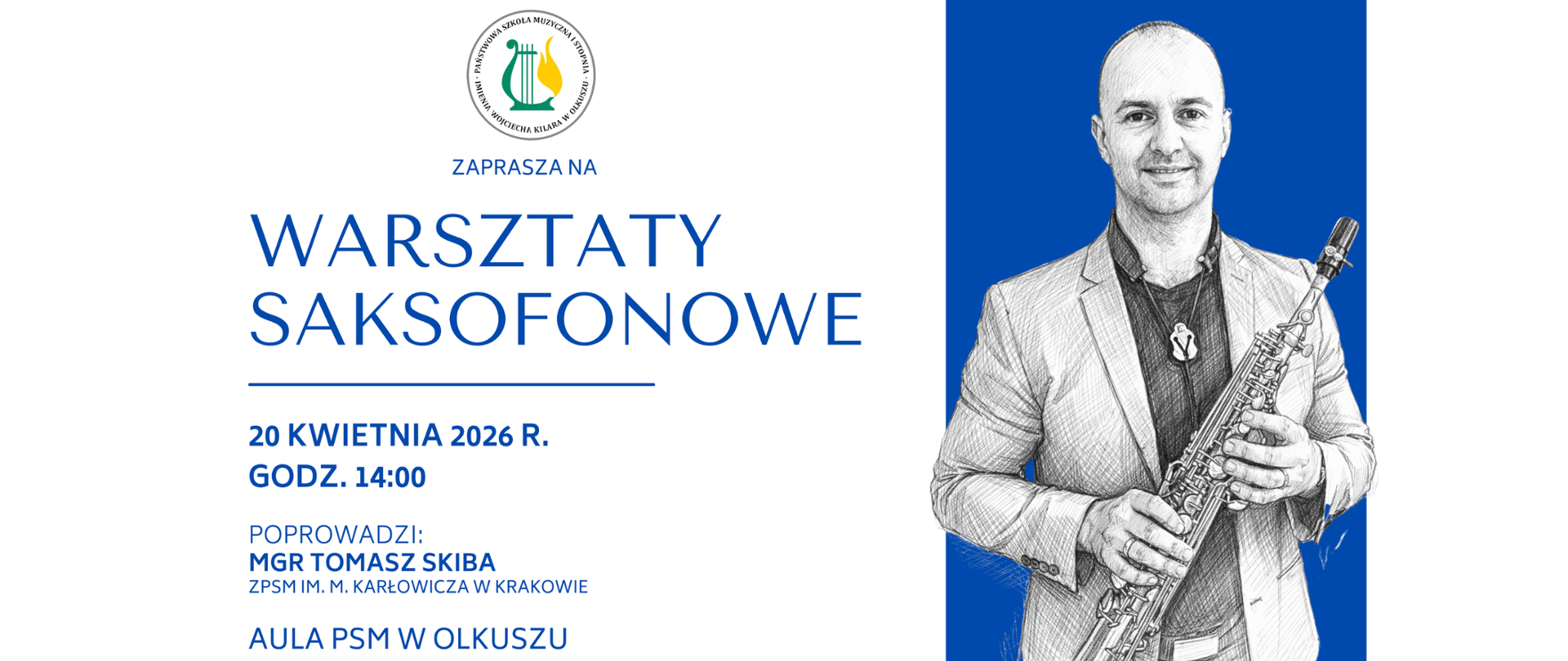 białe tło, granatowe napisy, z lewej szkic wykładowcy prowadzącego warsztaty