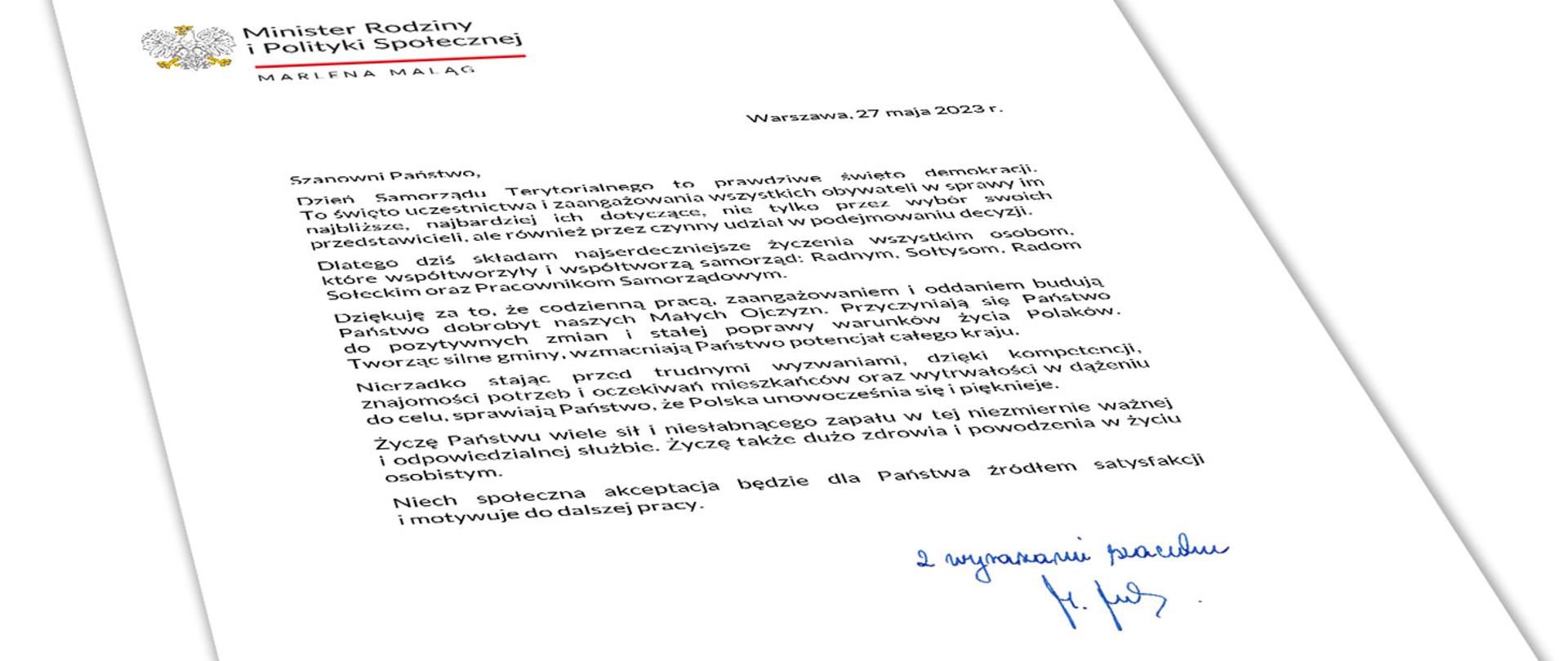 List Minister Marleny Maląg z okazji Dnia Samorządu Terytorialnego