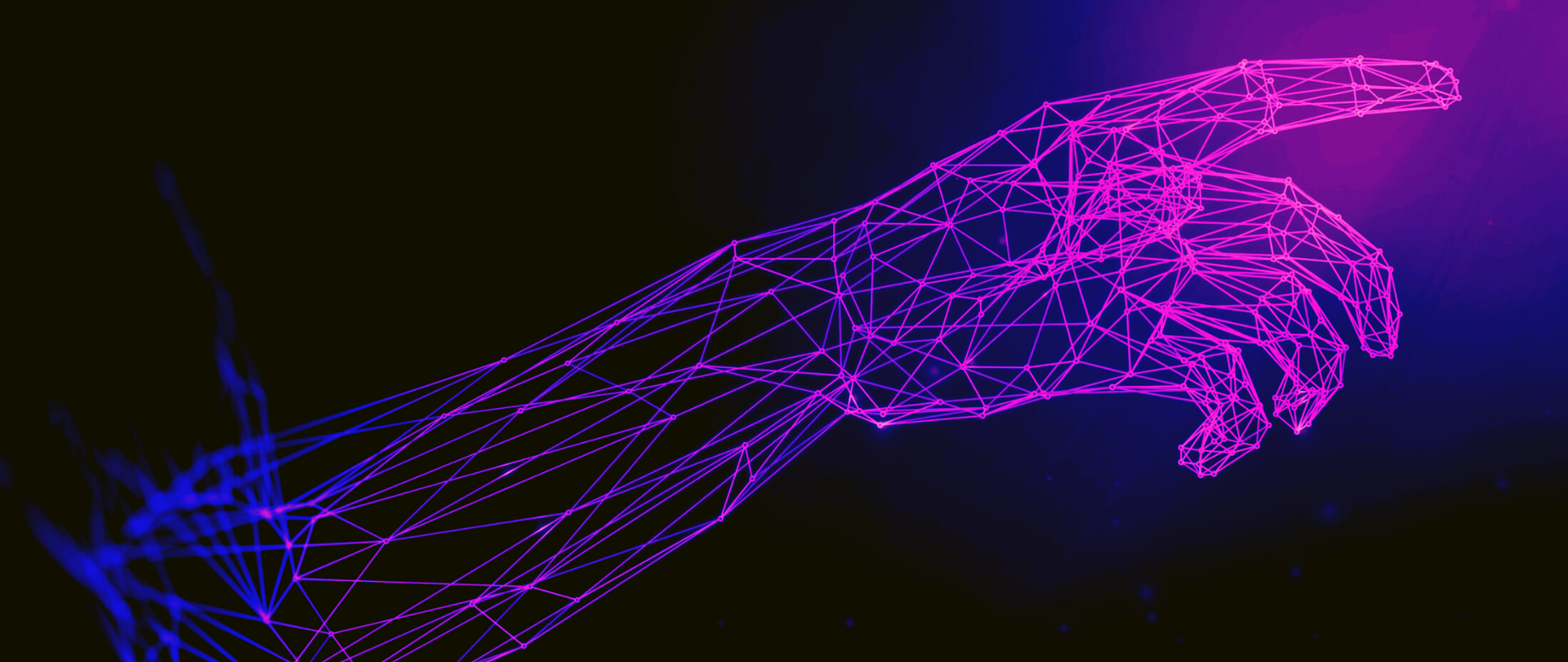 Grafika przedstawiająca trójwymiarowy obraz dłoni i przedramienia. Całość utrzymana w granatowo - różowo- fioletowej kolorystyce.