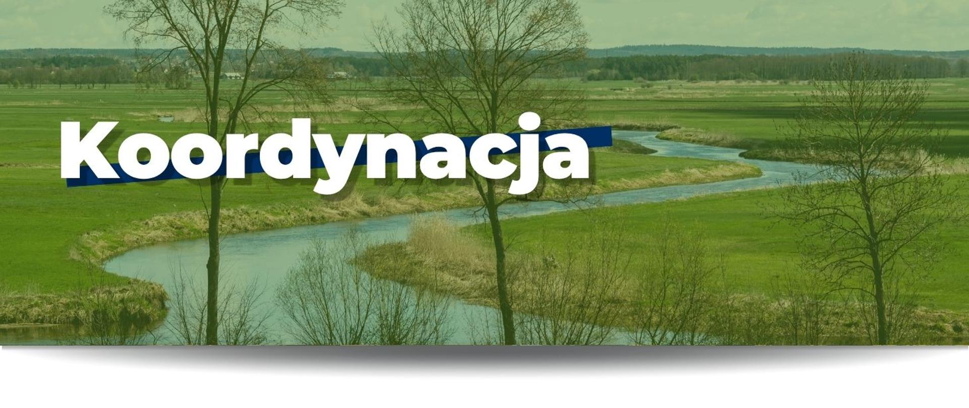 Na grafice widnieje biały napis "Koordynacja", w tle widać zdjęcie przedstawiające rzekę otoczoną zielonymi polami. W tle widać lasy.