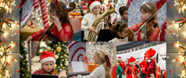 Fotografie dzieci grających na instrumentach oraz tańczących w bożonarodzeniowej scenerii. Całość utrzymana jest w ciepłym, świątecznym nastroju.