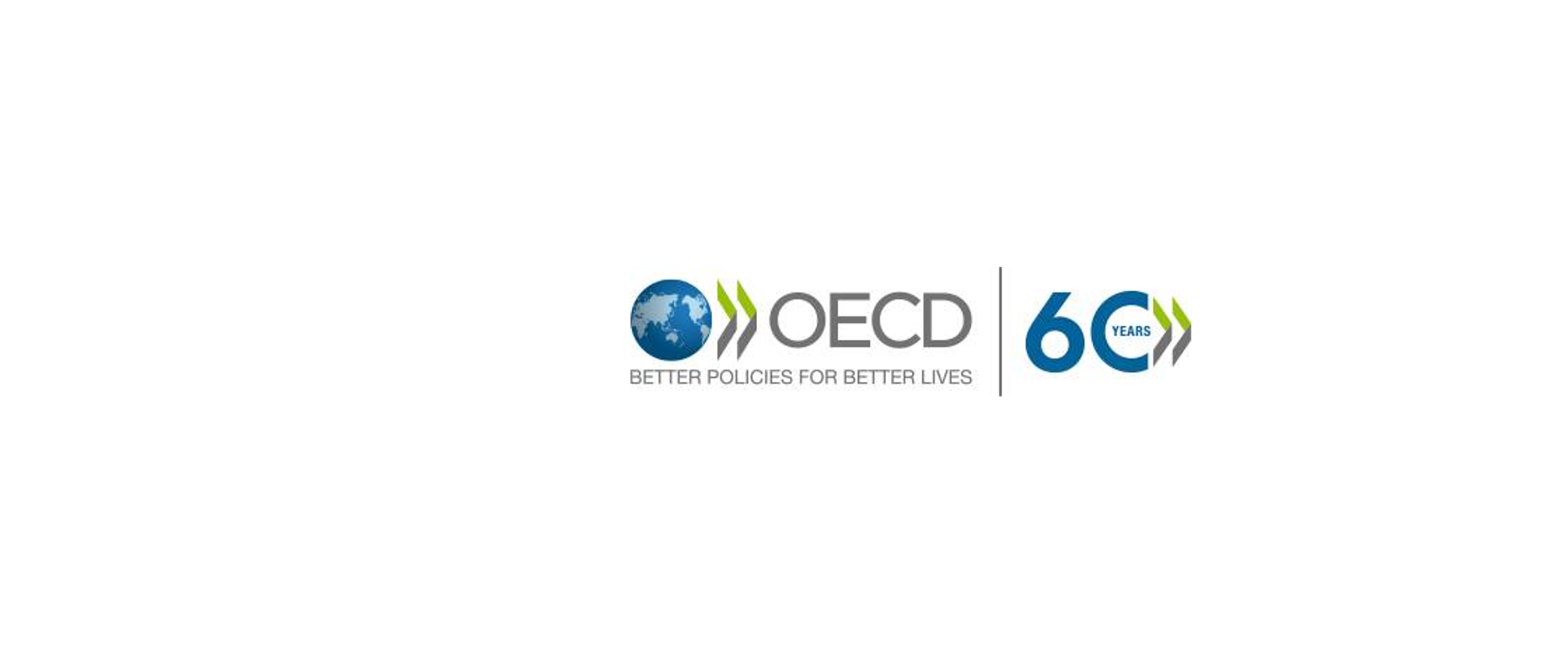 Logo OECD, po prawej napis 60 years, pod skrótem nazwy OECD - napis BETTER POLICIES FOR BETTER LIVES