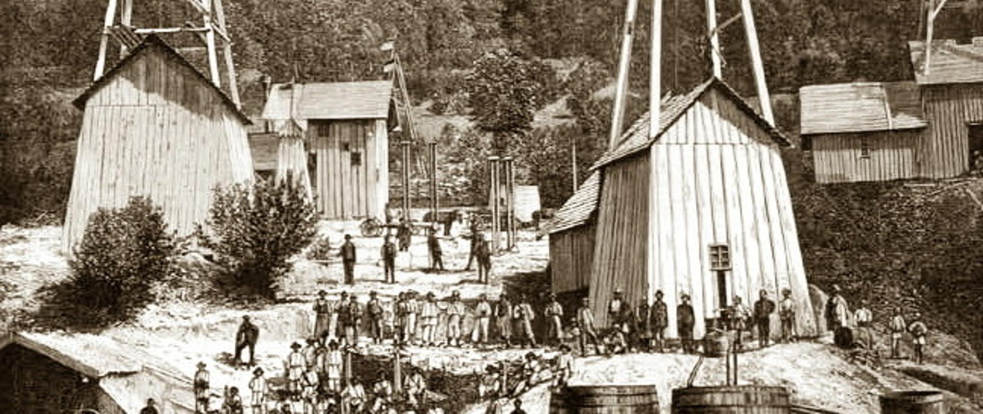 Pierwsze szyby naftowe w Galicji (pocztówka 1881, litografia), autor nieznany.