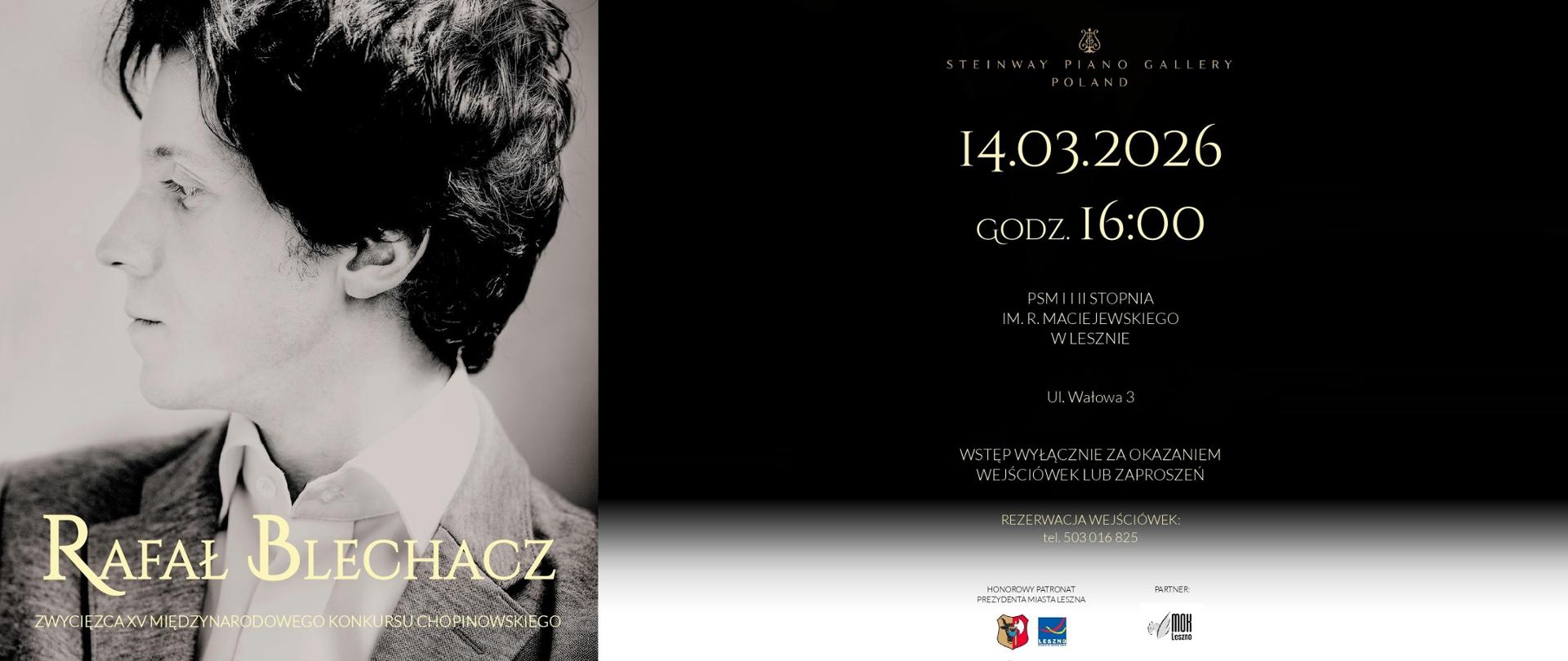 Plakat z beżowymi literami na czarnym tle. Po lewej portret mężczyzny.