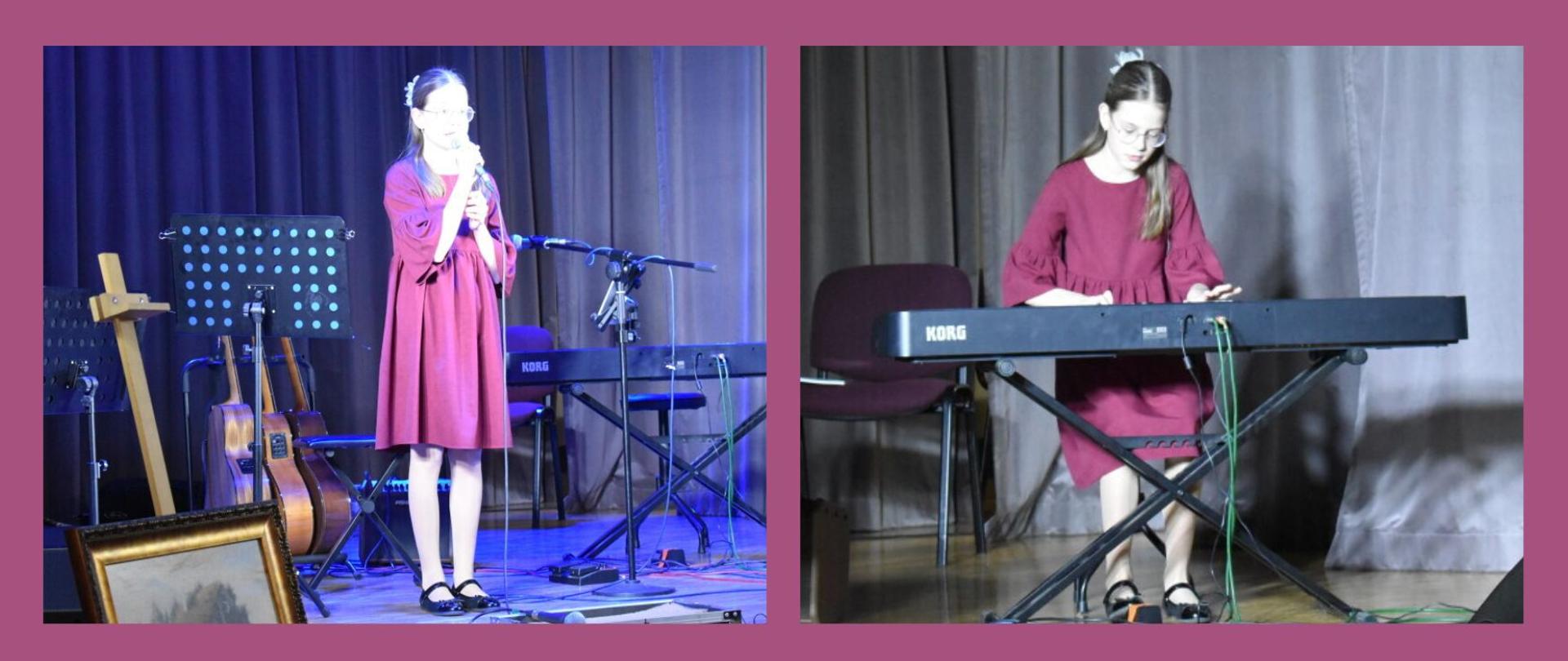Projekt na tle w kolorze wrzosowym. Po lewej zdjęcie uczennicy ubranej w sukienkę w kolorze tła (wrzosowym) stojącej i śpiewającej do mikrofonu. Dookoła dziewczynki znajdują się kprzewody, statywy, pulpity do nut, keyboard, gitary, sztaluga i obraz. Scena jest podświetlona na niebiesko. Z tyłu są zanunięte kotary w kolorze granatowym. Po prawej znajduje się zdjęcie tej samej uczennicy grającej na keyboardzie. 