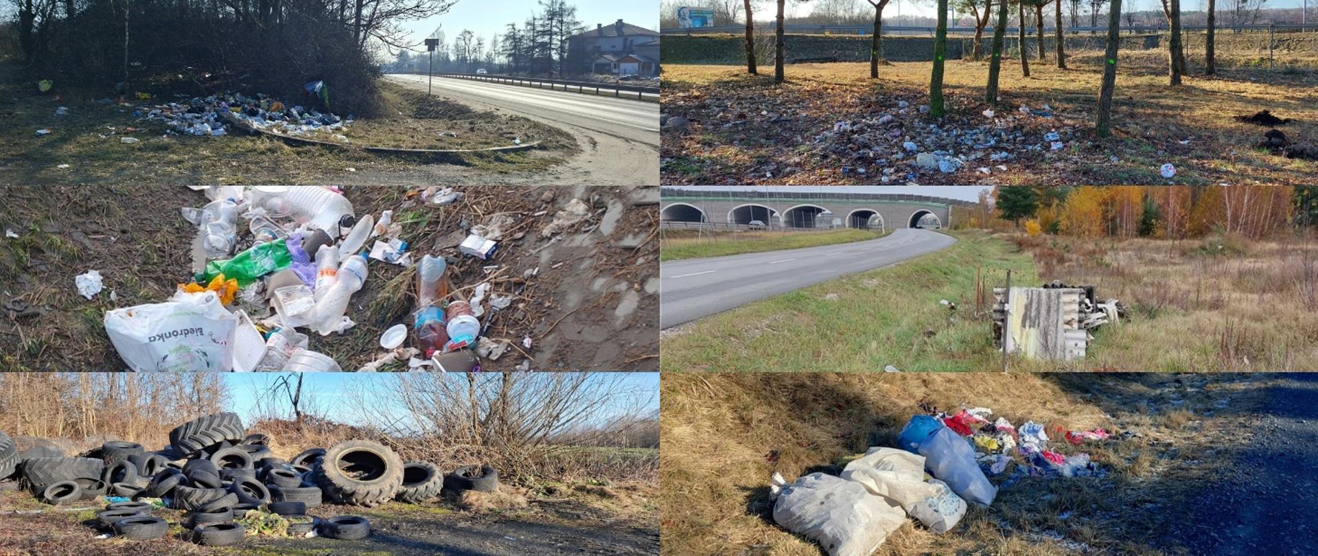 Kolaż przedstawiający różne miejsca przy drogach i w pasach zieleni z licznymi nielegalnie porzuconymi odpadami komunalnymi i wielkogabarytowymi (worki, butelki, kartony, opony); widoczne pobocza, rowy, skarpy, jezdnie oraz obiekty infrastruktury drogowej.