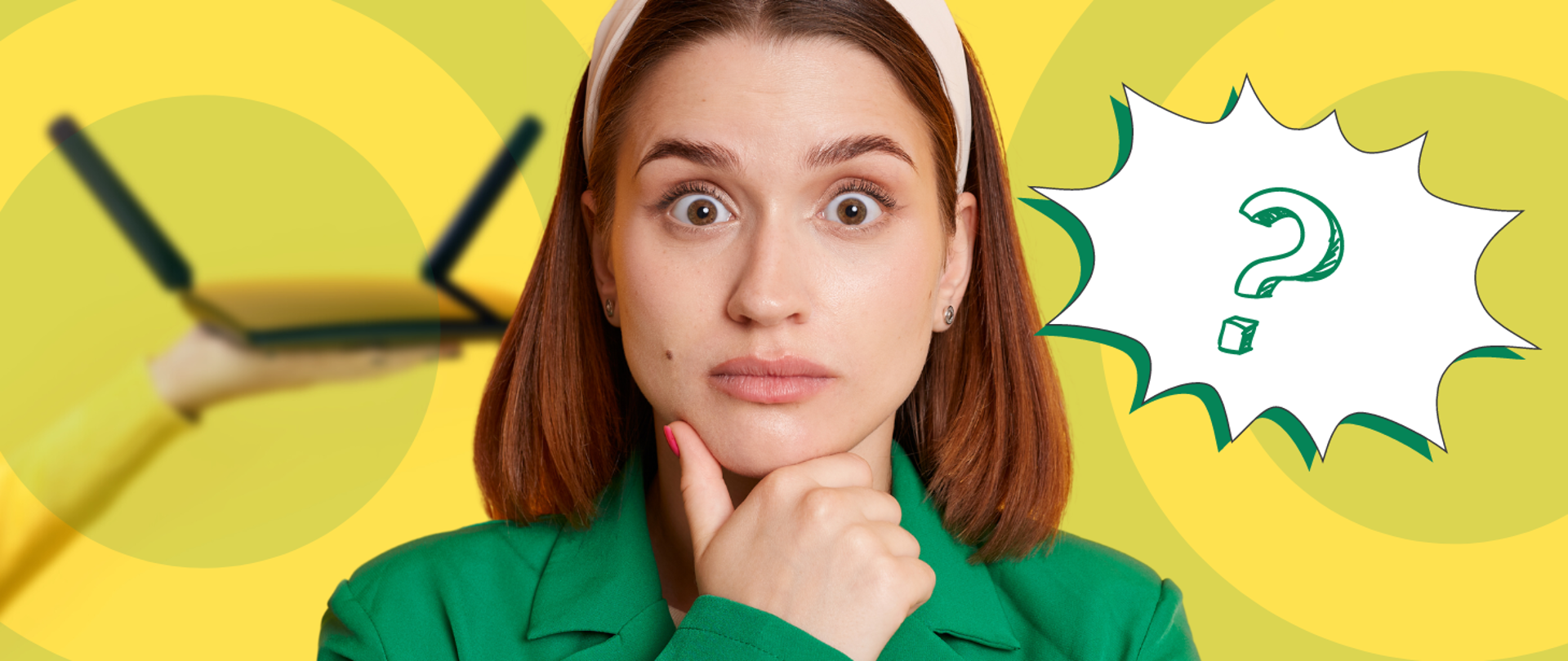 Zdjęcie kobiety z zaniepokojonym wyrazem twarzy. W tle ręka trzymająca router Wi-Fi. W komiksowym dymku po prawej stronie znak zapytania.