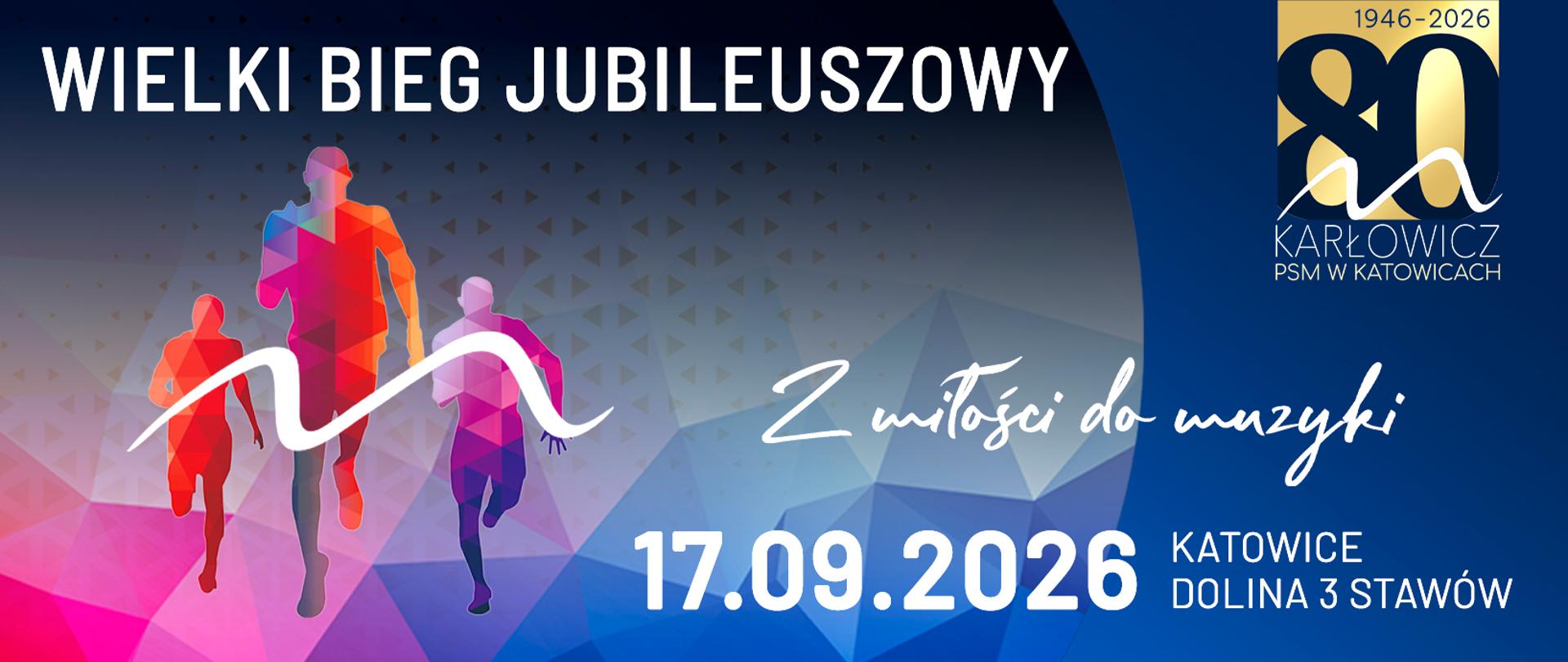 Baner wydarzenia „Wielki Bieg Jubileuszowy” z okazji 80-lecia PSM Karłowicz w Katowicach (1946–2026). Data: 17.09.2026, lokalizacja: Dolina 3 Stawów. Grafika przedstawia kolorowe sylwetki trzech biegaczy na ciemnoniebieskim tle oraz hasło „Z miłości do muzyki”.