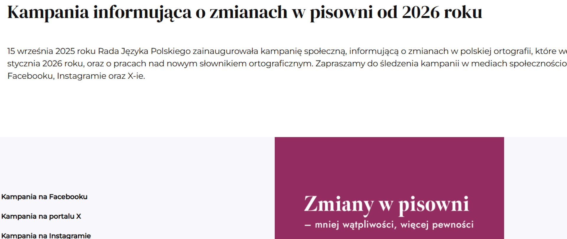 Infografika RJP o kampanii informującej o zmianach w pisowni od 2026 r.