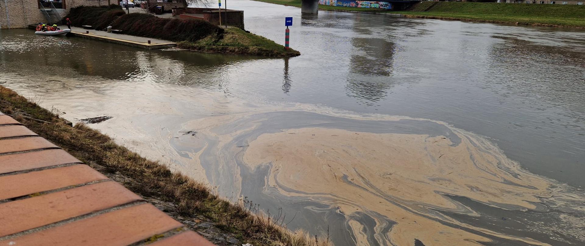 Zaobserwowane plamy na powierzchni wody przy ujściu Kanału Młynówka do Odry