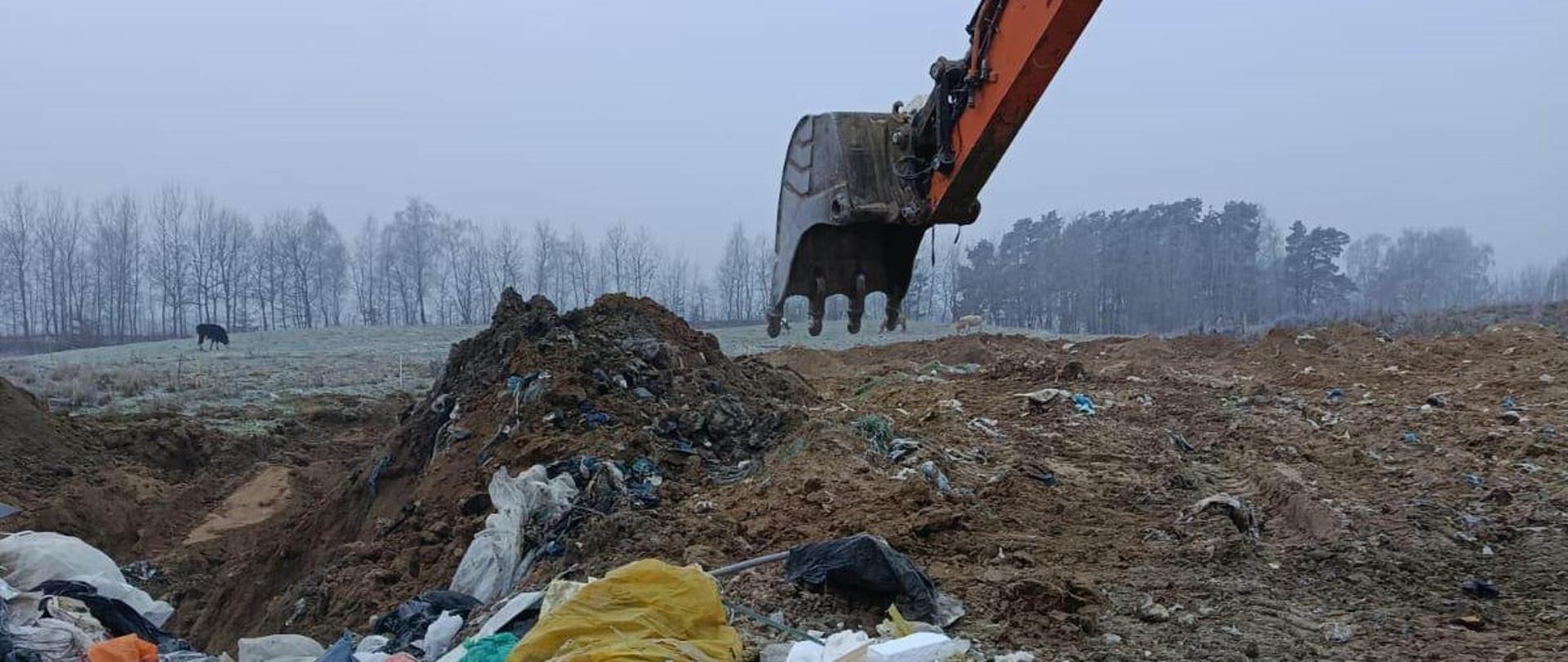 1. Na pierwszym planie usypane odpady komunalne w workach, tworzywa sztuczne i odpady poremontowe, nad odpadami ramię koparki, w tle łąka z pasącą się krową i linia drzew.