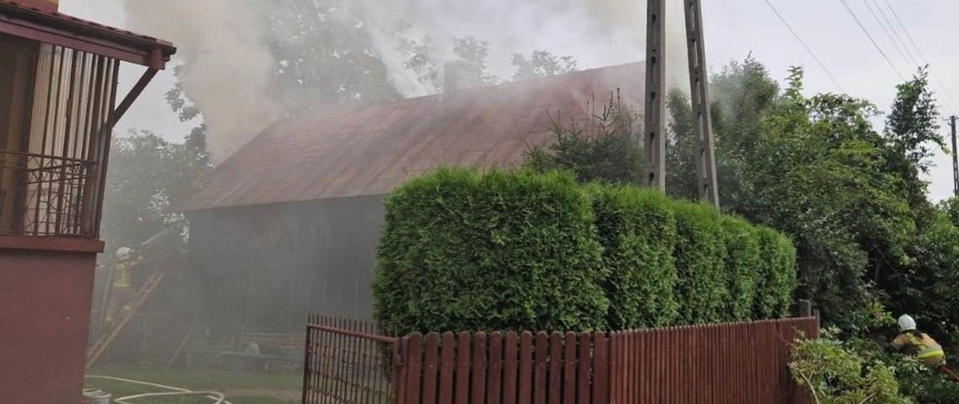 Scena przedstawia budynek z czerwonym dachem częściowo zasłonięty dymem, co wskazuje na pożar. Gęsty, biały dym unosi się z budynku i unosi w górę, częściowo zasłaniając okoliczne drzewa. Na pierwszym planie widać brązowy drewniany płot z zielonymi krzewami przed nim. Po lewej stronie widoczny jest fragment innego domu z balkonem. Przez dym widać dwóch strażaków w ubraniach specjalnych; jeden stoi na drabinie przy zadymionym budynku, a drugi po prawej stronie ogrodzenia, przy ogrodzeniu, najwyraźniej posługuje się wężem strażackim. Widoczne są również napowietrzne linie energetyczne i słupy.