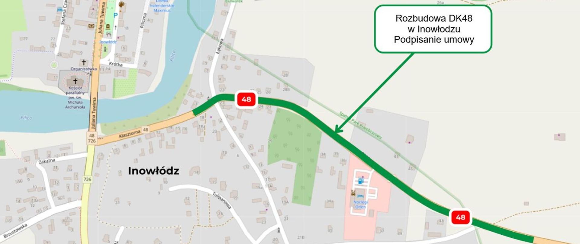 Mapa Inowłodza prezentująca lokalizację inwestycji dotyczącej rozbudowy drogi krajowej nr 48