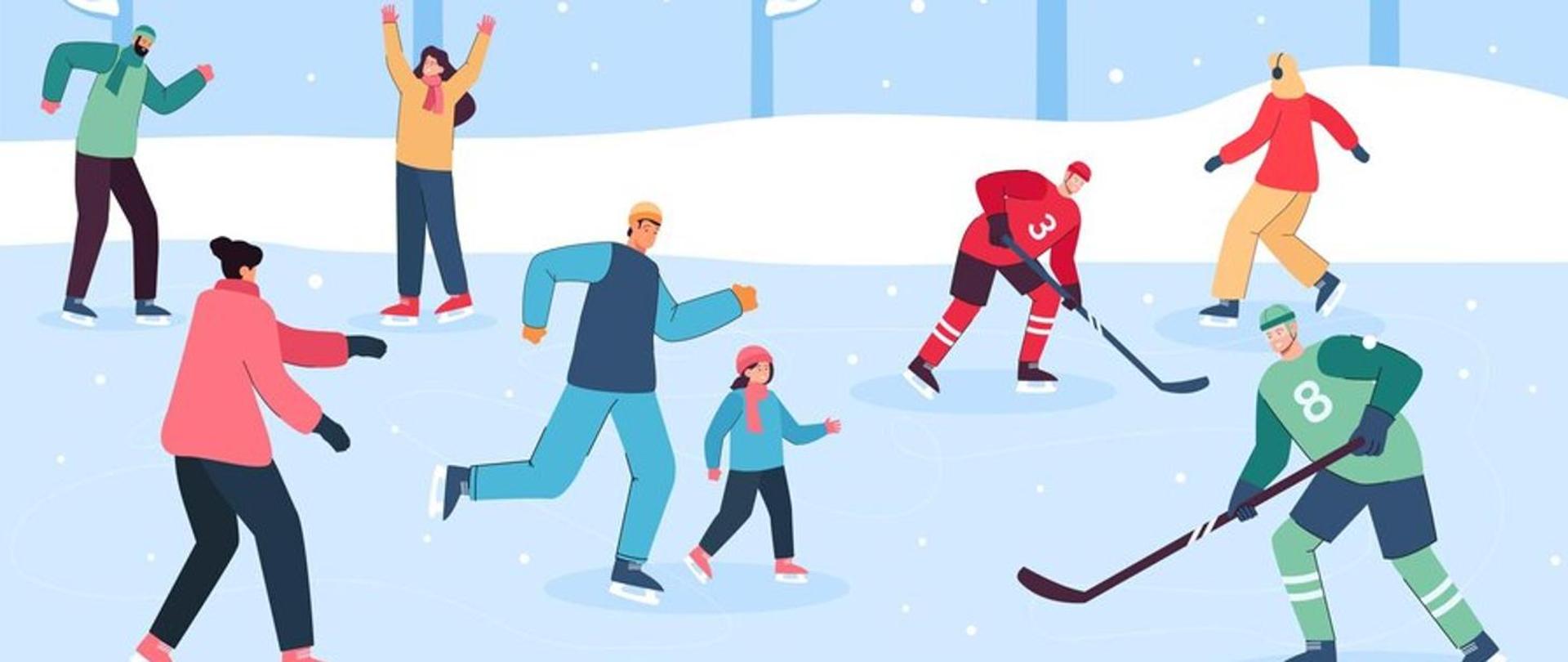 Grafika przedstawiająca ludzi jeżdżących na łyżwach na lodowisku