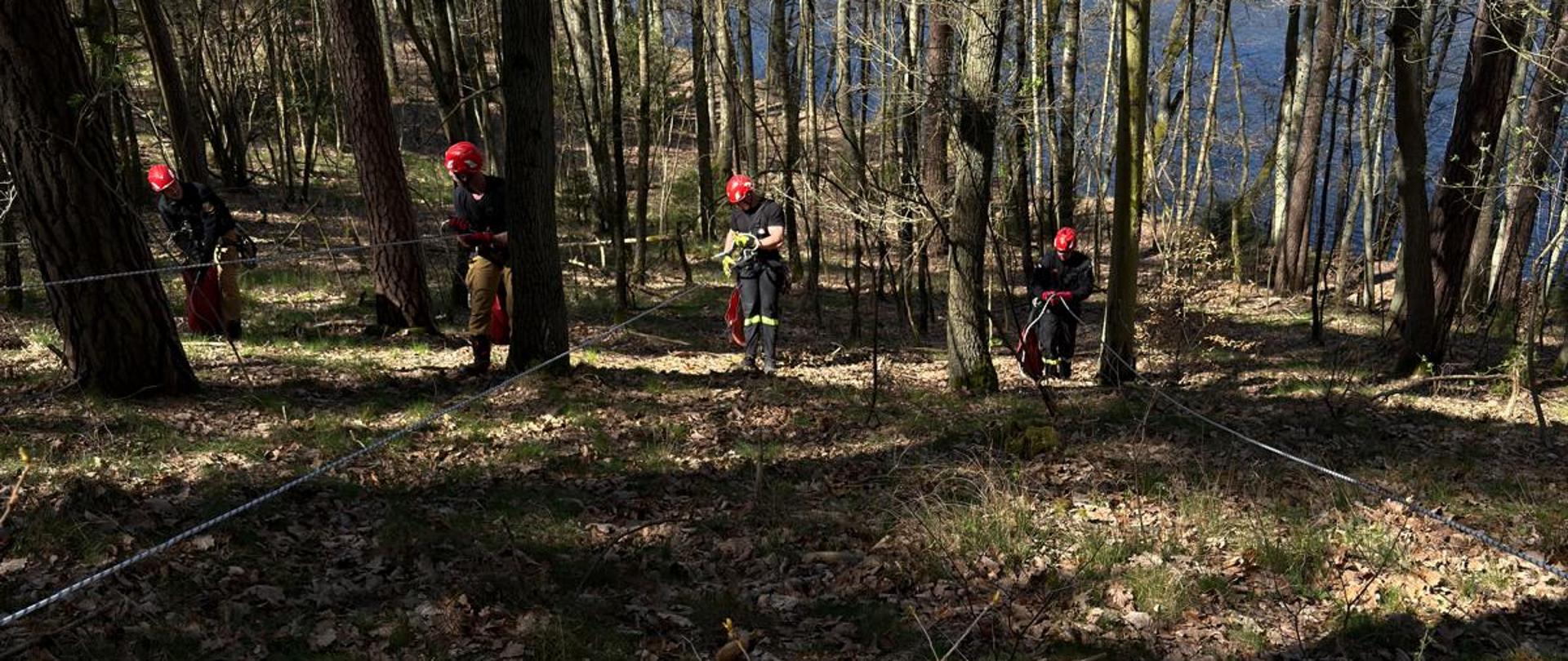 Na zdjęciu widnieją strażacy w trakcie szkolenia podstawowego z zakresu ratownictwa wysokościowego. 