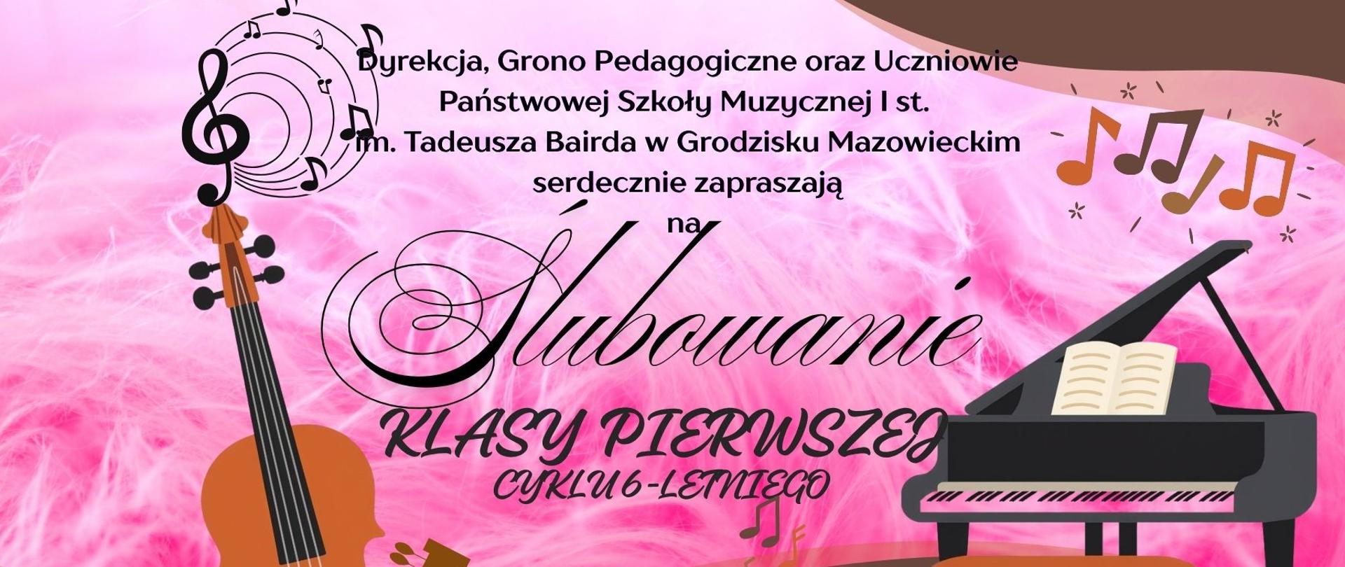 różowy plakat, z rysunkami instrumentów: fortepian, wiolonczela i nutki. Czarne napisy informujące o wydarzeniu