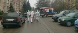 Zdjęcie zrobione na uliczce osiedlowej po lewej i prawej stoją zaparkowane samochody, po prawej za samochodami stoi zaparkowany ambulans. Na środku zdjęcia widać ratowników ubranych w białe ubranie, którzy na noszach transportują chorego do karetki.