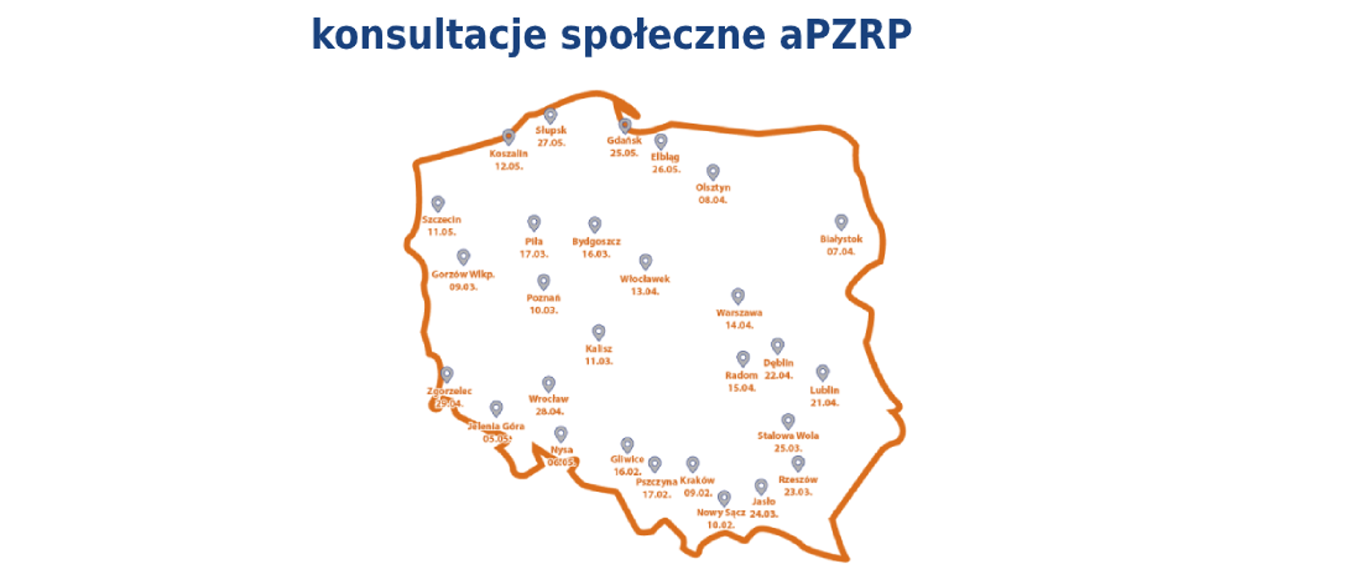 Mapa miast gdzie odbywają się konsultację społeczne PZRP