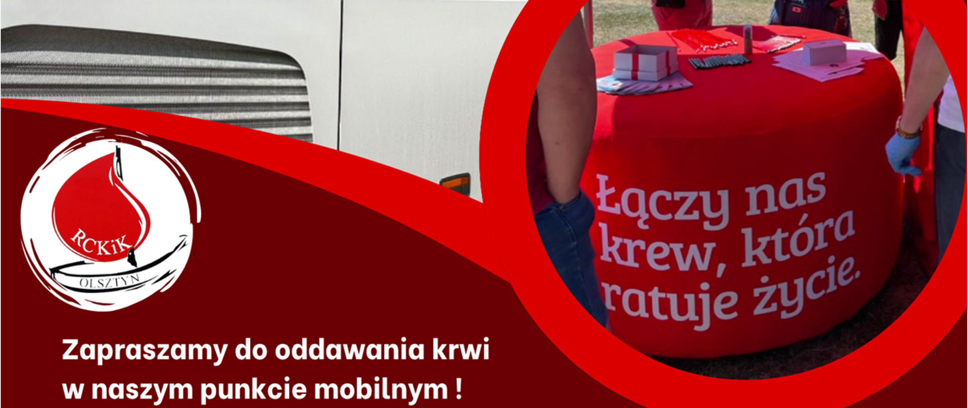 czerwony plakat ze zdjęciem autobusu oraz rozpiską dat kiedy będzie możliwe pobranie krwi