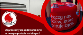 czerwony plakat ze zdjęciem autobusu oraz rozpiską dat kiedy będzie możliwe pobranie krwi