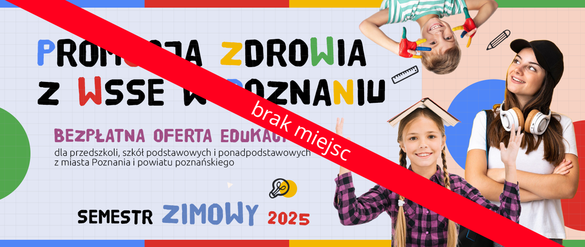 zakończenie naboru na zajęcia promocja zdrowia z wsse w poznaniu, zdjęcie wesołych dzieci, uczniów, napis promocja zdrowia z wsse w poznaniu bezpłatna oferta edukacyjna