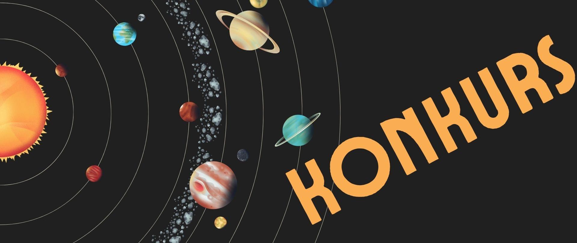 Plakat z okazji konkursu w roku Mikołaja Kopernika.
Czarne tło, po lewej stronie planety układu słonecznego na orbitach, po prawej stronie po przekątnej napis konkurs w kolorze łososiowym.
