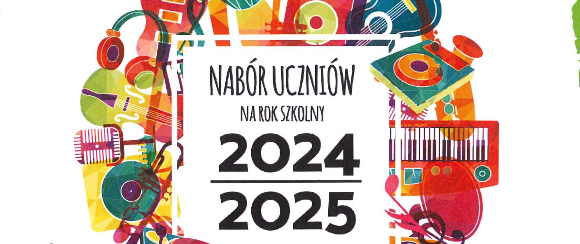 Plakat na biało zielonym tle z informacją o naborze do szkoły muzycznej w kolorze czarnym