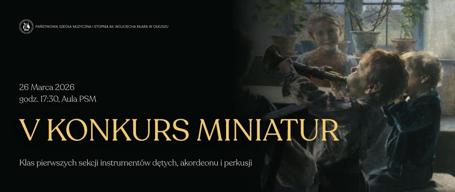 czarne tło, z prawej strony zdjęcie dzieci siedzących przy stole i grających na instrumentach