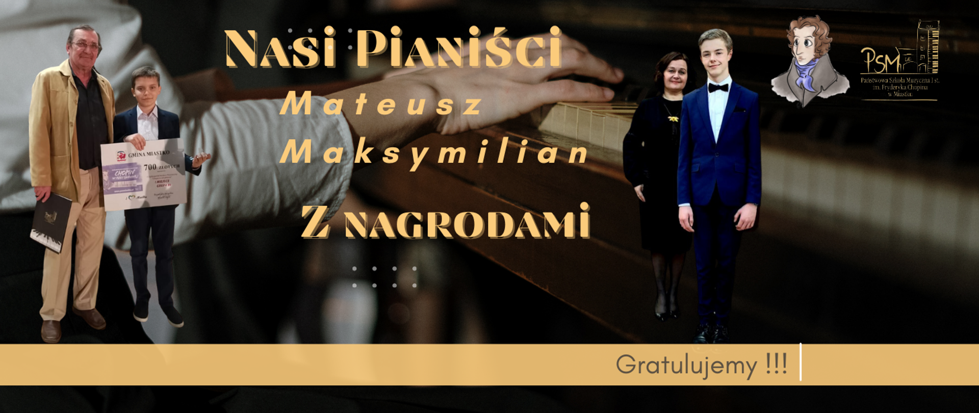 Dwa zdjęcia przedstawiające od lewej zdjęcie ucznia wraz z nauczycielem nagrodzonego pierwszą nagrodą. Po prawej zdjęcie wyróżnionego ucznia wraz z nauczycielką.