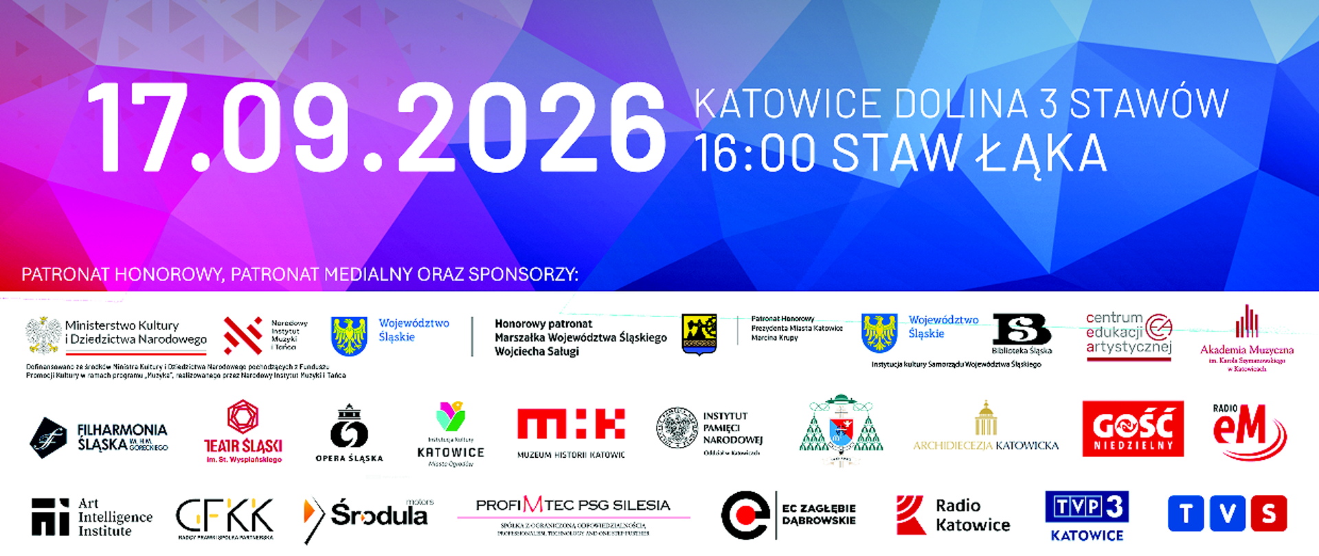 Plakat wydarzenia „Wielki Bieg Jubileuszowy” z okazji 80-lecia PSM Karłowicz w Katowicach (1946–2026). Data: 17.09.2026, lokalizacja: Dolina 3 Stawów. Grafika przedstawia kolorowe sylwetki trzech biegaczy na ciemnoniebieskim tle oraz hasło „Z miłości do muzyki”.