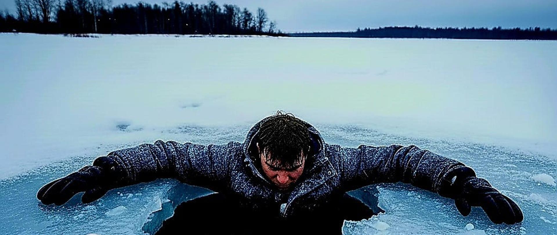 Mężczyzna, który wpadł do lodowatej wody przez przerębel na zamarzniętym jeziorze, opiera się rękami o krawędzie pękniętego lodu i próbuje wydostać się na powierzchnię. W tle widoczna jest rozległa, ośnieżona tafla jeziora oraz linia drzew. Na grafice umieszczony jest napis: „Co zrobić gdy pod nami załamie się lód”.