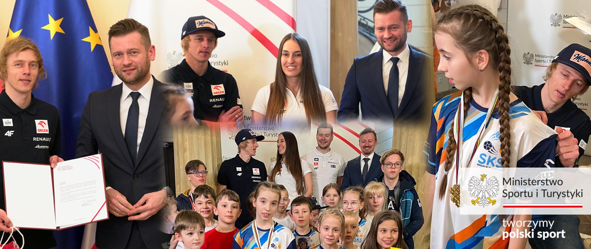 Minister Bortniczuk i kibice spotkali się z medalistami mistrzostw świata; kolaż zdjęć ze spotkania, na zdjęciach Dawid Kubacki, minister Kamil Bortniczuk, Aleksandra Król, Adam Małysz i grupa dzieci-kibiców.