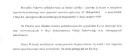Dokument z podziękowaniami skierowanymi do Komendy Wojewódzkiej Państwowej Straży Pożarnej w Szczecinie oraz Komendy Miejskiej Państwowej Straży Pożarnej w Szczecinie za szybkie i skuteczne działania przy gaszeniu zarzewia ognia przy ul. Małopolskiej w Szczecinie. Podziękowania obejmują także sygnalistów, którzy zauważyli dym oraz interweniujących funkcjonariuszy Policji Państwowej. Autor dokumentu podkreśla znaczenie Straży Pożarnej w zapewnieniu bezpieczeństwa mieszkańców, parafrazując powiedzenie „Na straży polegaj jak na Zawiszy”. Dokument zakończony zwrotem „Z poważaniem” oraz odręcznym podpisem.