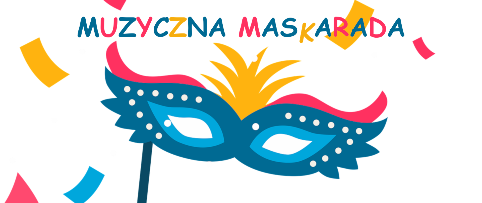 grafika przedstawia u góry na białym tle wielokolorowy napis muzyczna maskarada a poniżej niebiesko-różową wenecką maskę karnawałową ustrojoną u góry żółtym piórem