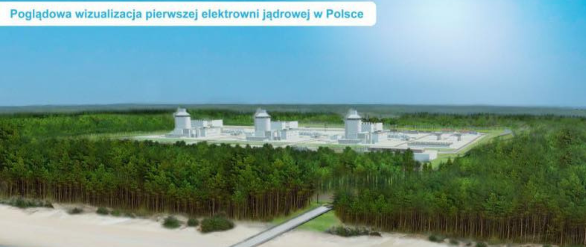 grafika przedstawiająca elektrownię atomową nad morzem