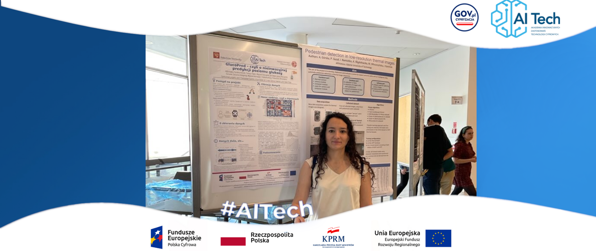 Studentka na tle plakatów prezentujących założenia projektu GlucoPred. Logotypy projektowe znak FE, barwy RP, znak KPRM, znak UE.