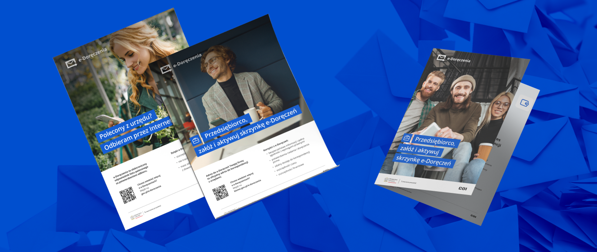 Grafika zawiera 3 ulotki dotyczące e-Doręczeń dla obywatela, i dwa dla przedsiębiorcy, dotyczące e-Doręczeń. 