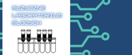 Tło plakatu jest ciemnoniebieskie z elementami przypominającymi układ elektroniczny w kolorze zielonym. W lewym górnym rogu znajduje się biały prostokąt z zaokrąglonymi rogami, w którym widnieje nazwa wydarzenia napisana futurystyczną czcionką: „MUZYCZNE LABORATORIUM MŁODYCH”. 