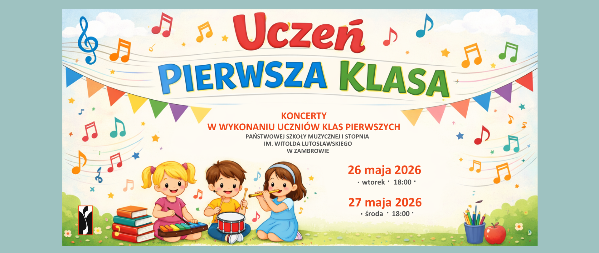 w górnych rogach poziomego plakatu umieszczono grafiki przedstawiające chmurki na tle których widnieją kolorowe nutki , pięciolinia i kluce wiolinowe. W centralnej części plakatu czcionką koloru czerwonego, niebieskiego i lumieszczono tytuł koncertu - Uczeń pierwsza klasa a poniżej dodano, że chodzi o koncerty w wykonaniu uczniów Państwowej Szkoły Muzycznej I stopnia w Zambrowie. w Dolnej części plakatu po stronie lewej umieszczono rysunek przedstawiający trójkę dzieci grających na cymbałkach, bębenku i flecie a po prawej informację o dacie o godzinie koncertów. w lewym dolnym rogu umieszczono logo organizatora.
