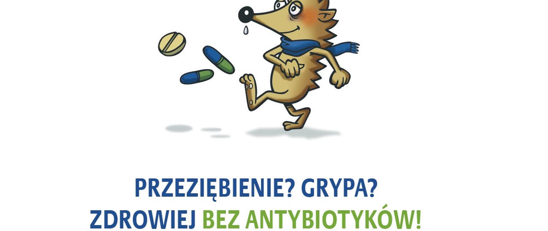 grafika kampanii Europejskiego Dania Wiedzy o Antybiotykach, który przypada 18 listopada. Jeżyk w szaliku, z katarem cieknącym mu z nosa, kopiący antybiotyki, a pod rysunkiem napis "Przeziębienie? Grypa? Zdrowiej bez antybiotyków!" 