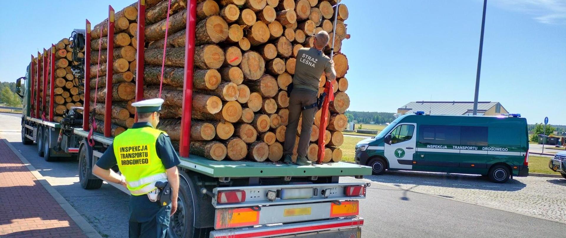 Strażnik leśny wraz z inspektorem ITD sprawdzają przewożone drewno za pomocą przymiaru teleskopowego, w tle za nimi pojazd Inspekcji.