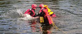 Dwóch strażaków z sprzętem do ratownictwa wodnego na środku stawu. W tle las.