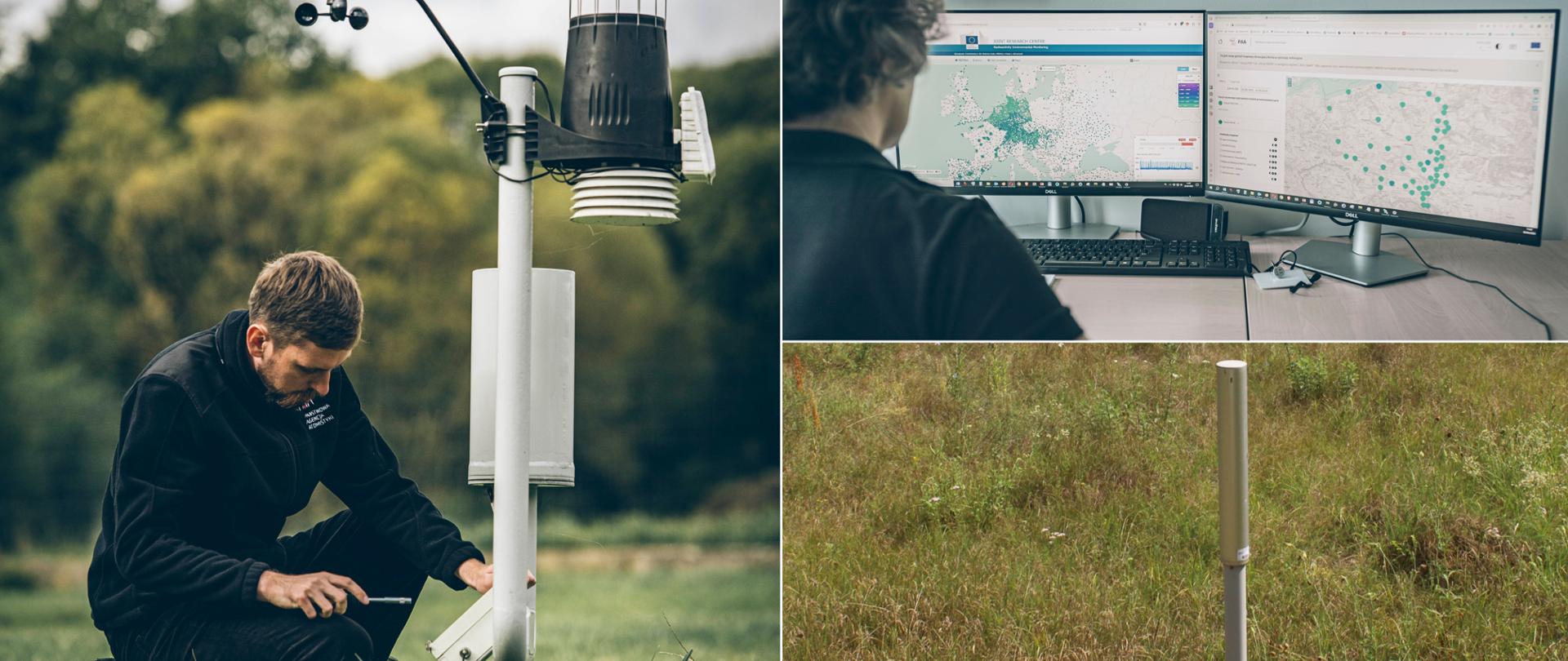 Kolaż zdjęć ukazujących monitoring radiacyjny kraju. Dyżurny Centrum ds. Zdarzeń Radiacyjnych analizuje mapy radiacyjne, ekspert PAA przy stacji wczesnego wykrywania skażeń promieniotwórczych, stacja do mierzenia promieniowania jonizującego w powietrzu.