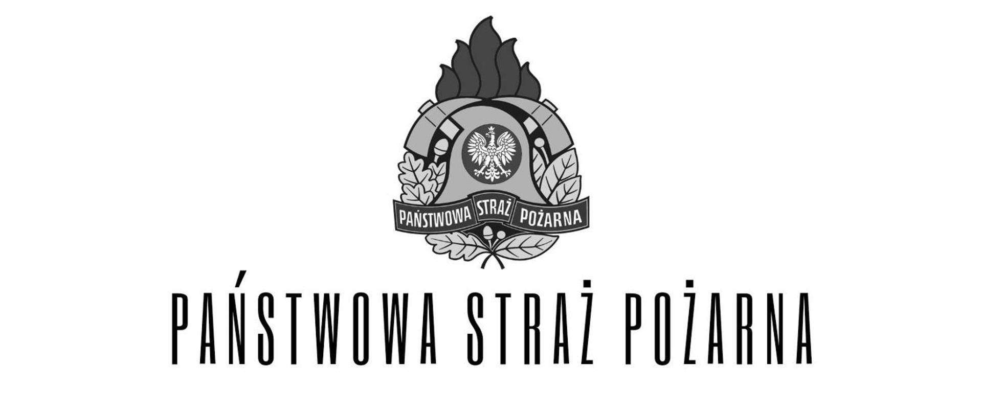 logotyp PSP, w centrum znajduje się godło Państwa Polskiego – Orzeł Biały. Hełm strażacki, który okalają dwa toporki. Całość dopełnia wieniec z liści oraz owoców dębu i wawrzynu.