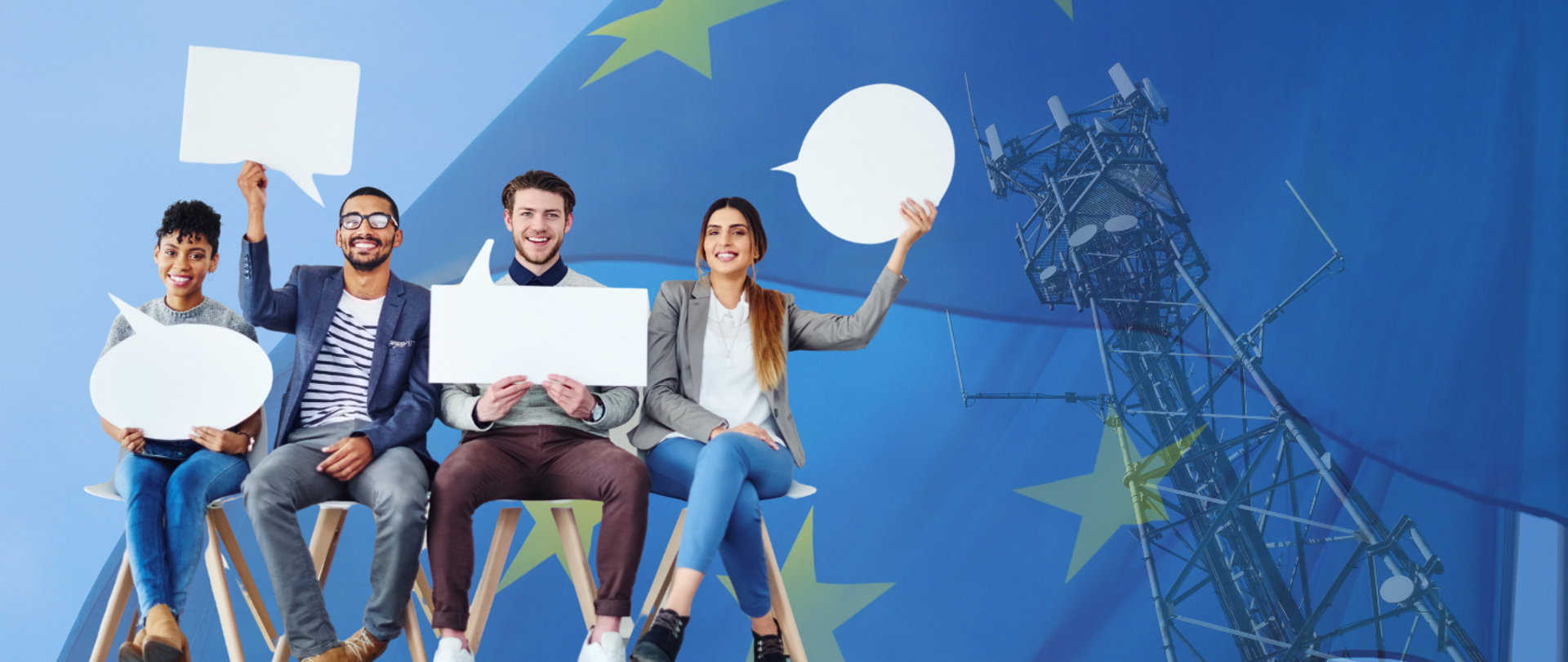 Grafika przedstawia czwórkę uśmiechniętych ludzi siedzących koło siebie na krzesłach. W rękach trzymają wycięte z papieru komiksowe dymki. W tle flaga Unii Europejskiej i zdjęcie masztu telekomunikacyjnego.