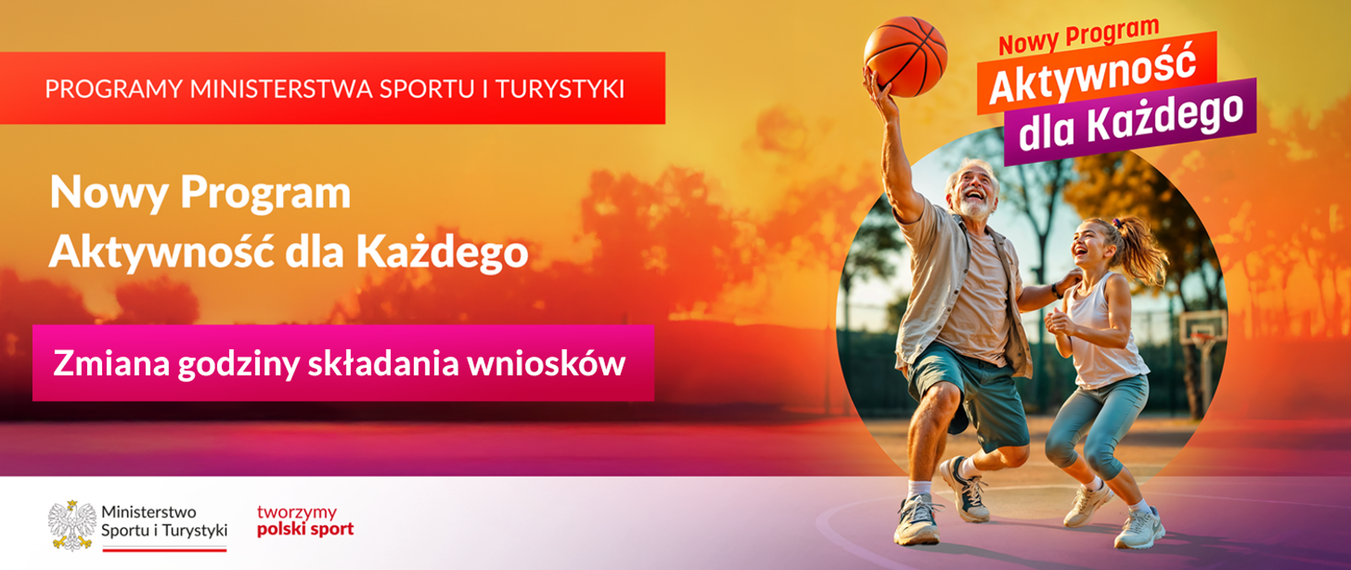 grafika do programu Aktywność dla Każdego. Na zdjęciu senior gra z dzieckiem w koszykówkę na boisku