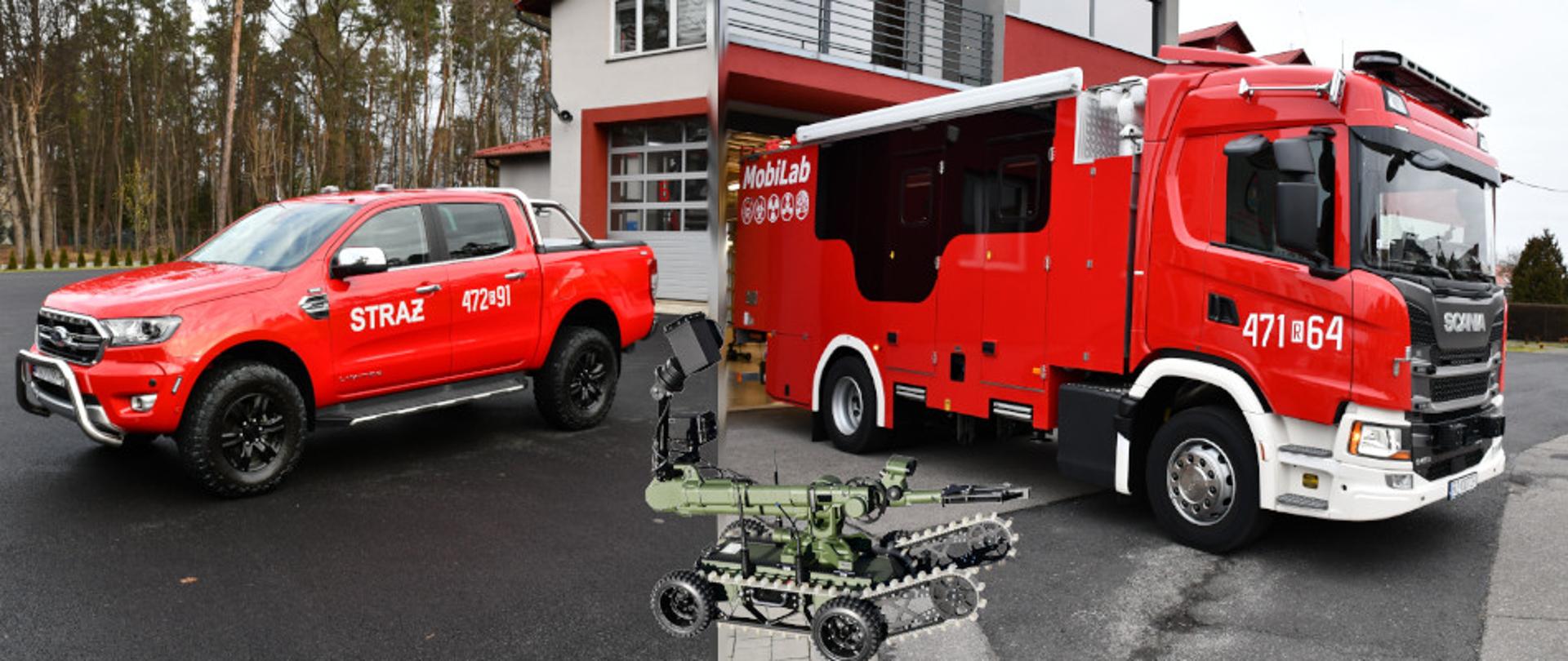 Na zdjęciu widzimy samochód specjalistyczny ratownictwa chemicznego i specjalistycznego robota sterowanego zdalnie do zastosowań w ratownictwie chemicznym oraz nowy samochód operacyjny Ford Ranger.